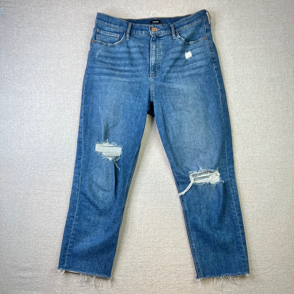 Express Mom Jean Super High Rise Distressed Raw Hem Blue Denim Size 14R